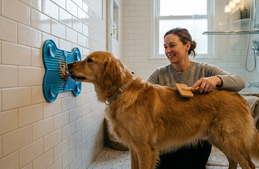 Dog licking a suction cup mat during gentle grooming
