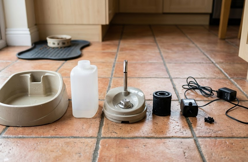 Pet water dispenser parts laid out for troubleshooting