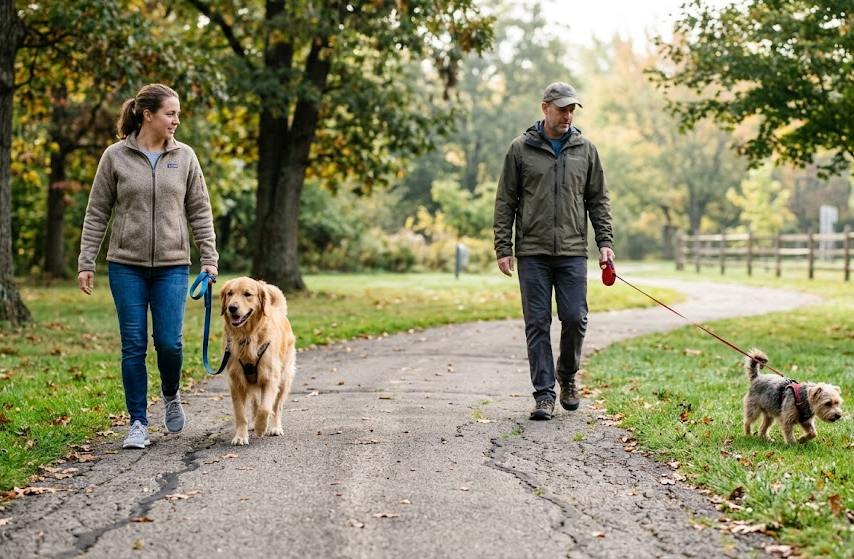 Retractable leash and standard leash comparison during a dog walk
