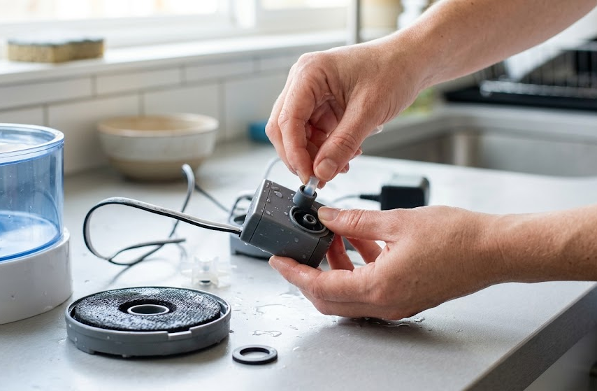 Hands reassembling a pet water fountain pump and filter