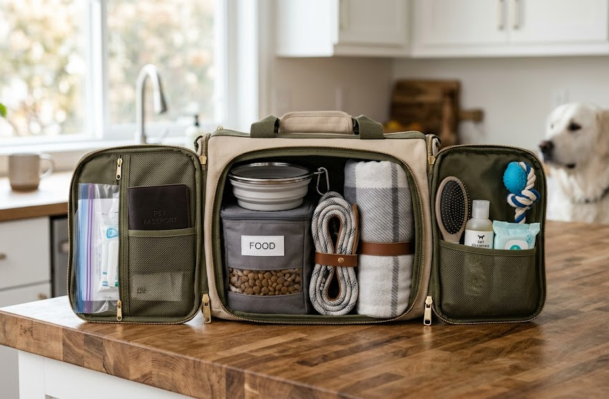 Pet travel bag setup for car trips flights and weekend stays with organized supplies