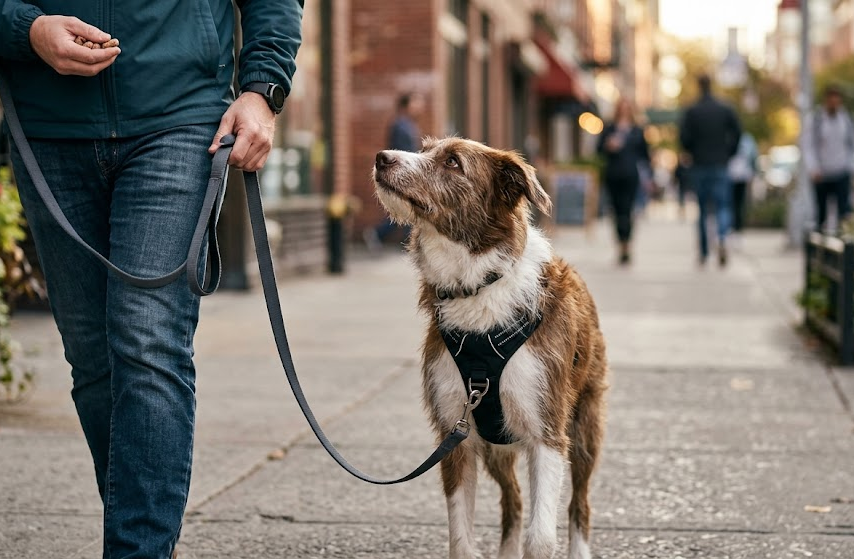 Loose-leash walking training with a standard leash and harness