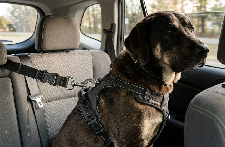 Large dog in SUV attached to an adjustable car tether and harness