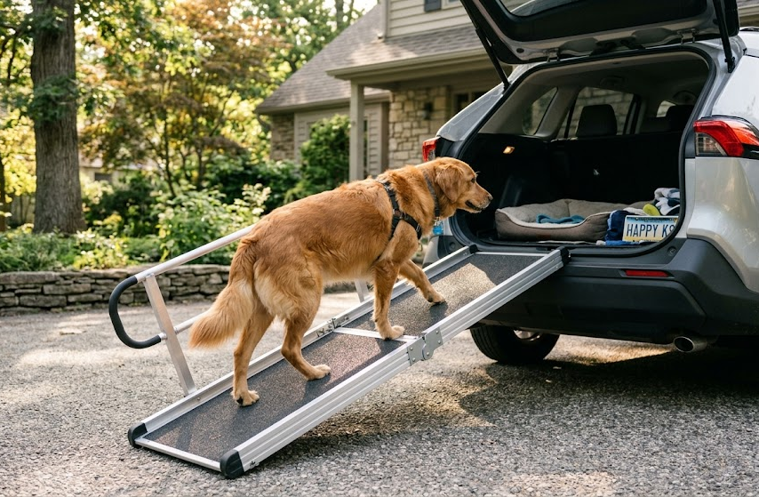 Medium-large dog using a foldable pet ramp to enter an SUV
