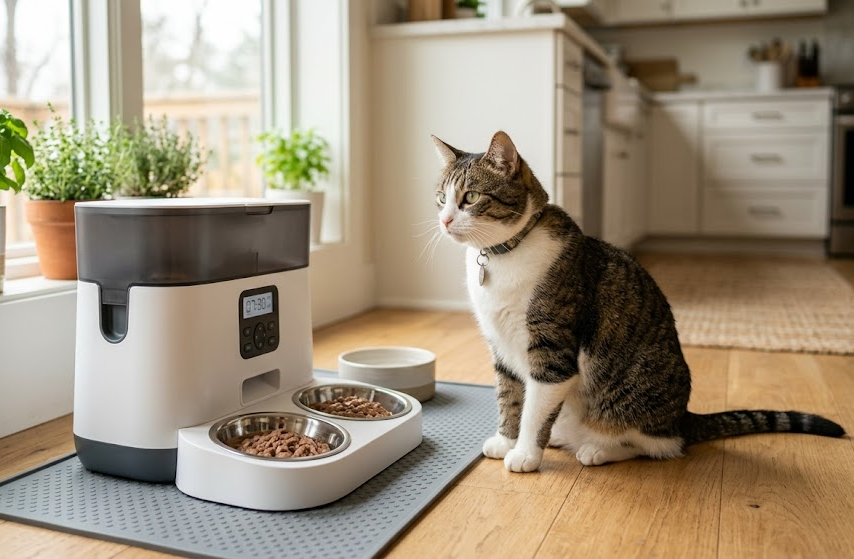 Timed wet food feeder set up for a cat in a home kitchen
