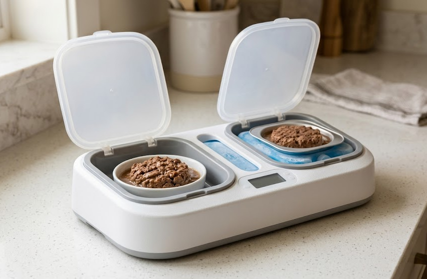 Refrigerated-style wet food feeder with dual compartments for cats