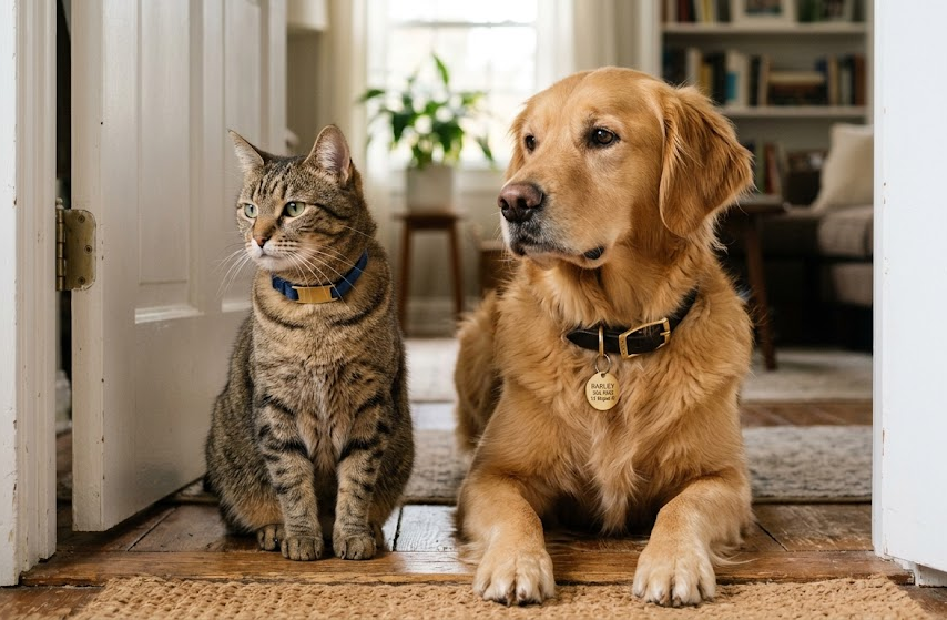 Dog and cat wearing different ID tag styles