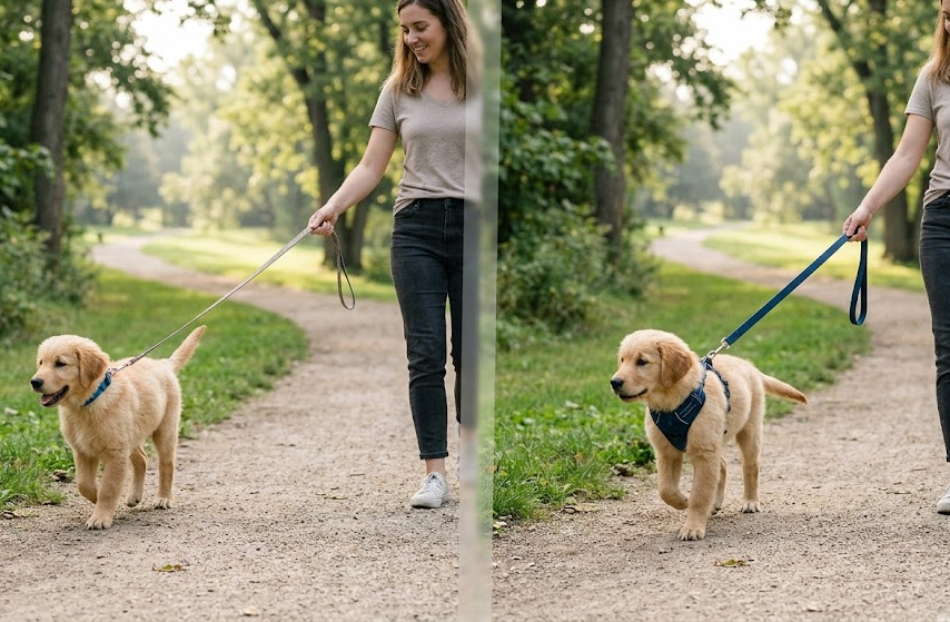 Collar versus harness comparison for puppy walking control